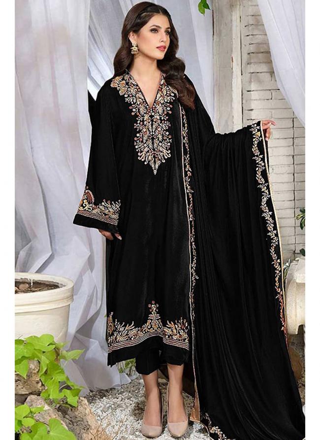 Pure Viscose Velvet Black Eid Wear Embroidery Work Pakistani Suit